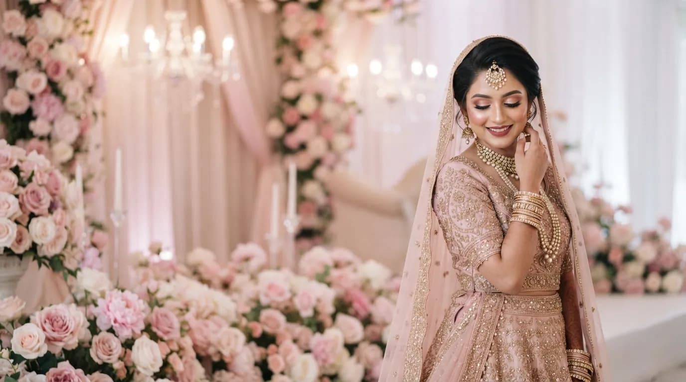 Bride in a blush lehenga surrounded by floral décor after a Glowing Nest bridal session