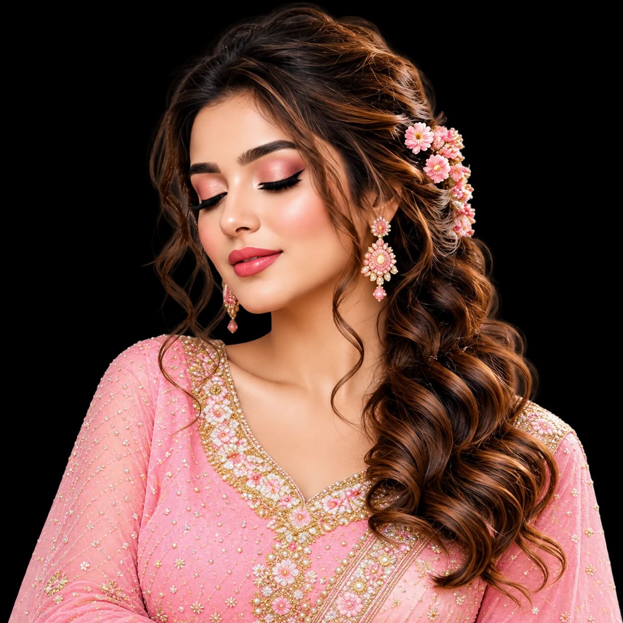 Client with softly glowing bridal makeup and styled hair by Glowing Nest