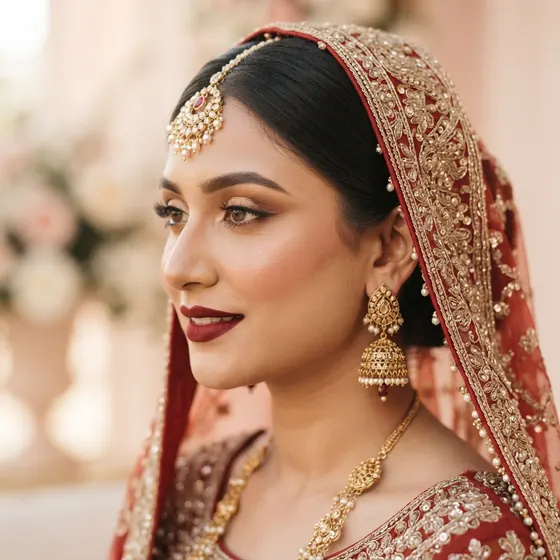 Bride in red and gold with traditional jewellery and HD bridal makeup