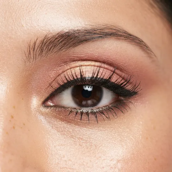 Close-up of shimmer eyeshadow, precision liner and lash work