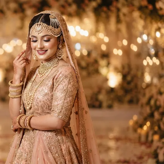 Bride in a blush lehenga under warm festive lights at a holud ceremony
