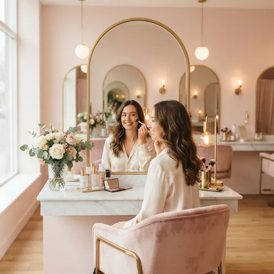 Client having party makeup applied at the parlour's makeup station